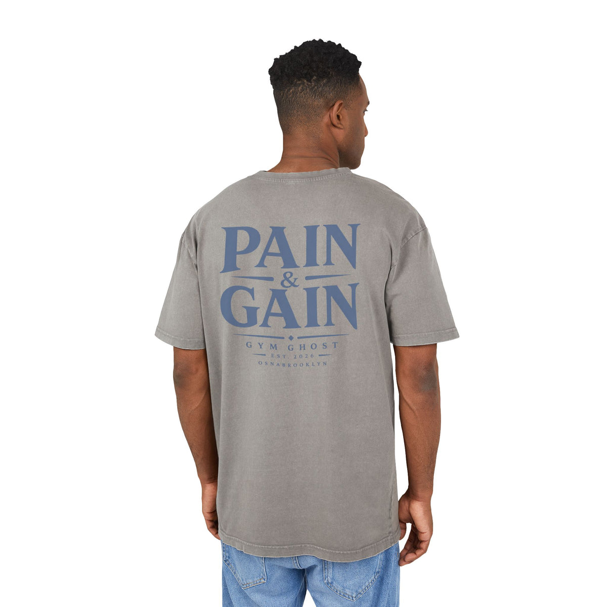 GYM GHOST Acid Wash Oversize T-Shirt – Asphalt & Blue "Pain & Gain" | Gym & Streetwear