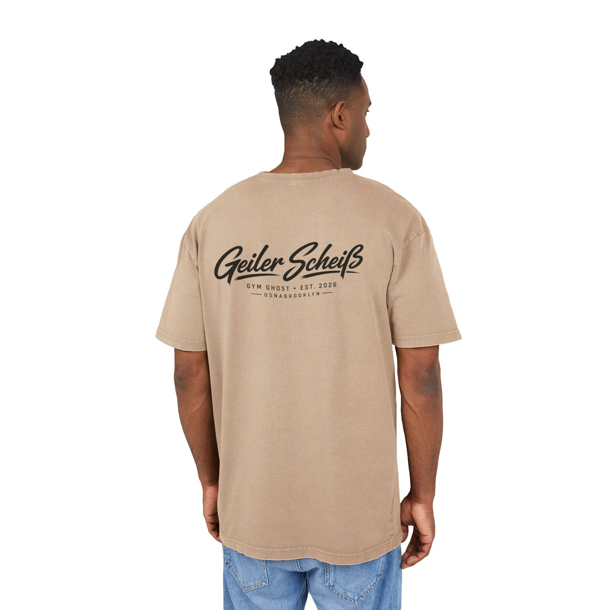 GYM GHOST Acid Wash Oversize T-Shirt – Union Beige & Black "Geiler Scheiss" | Gym & Streetwear