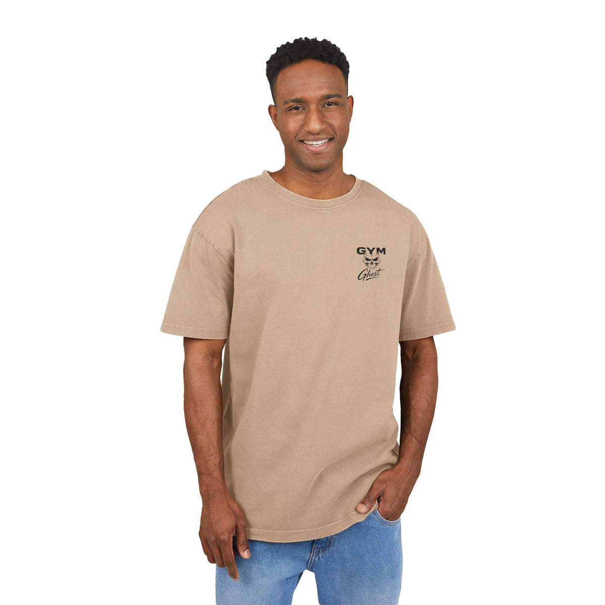 GYM GHOST Acid Wash Oversize T-Shirt – Union Beige & Black "Geiler Scheiss" | Gym & Streetwear