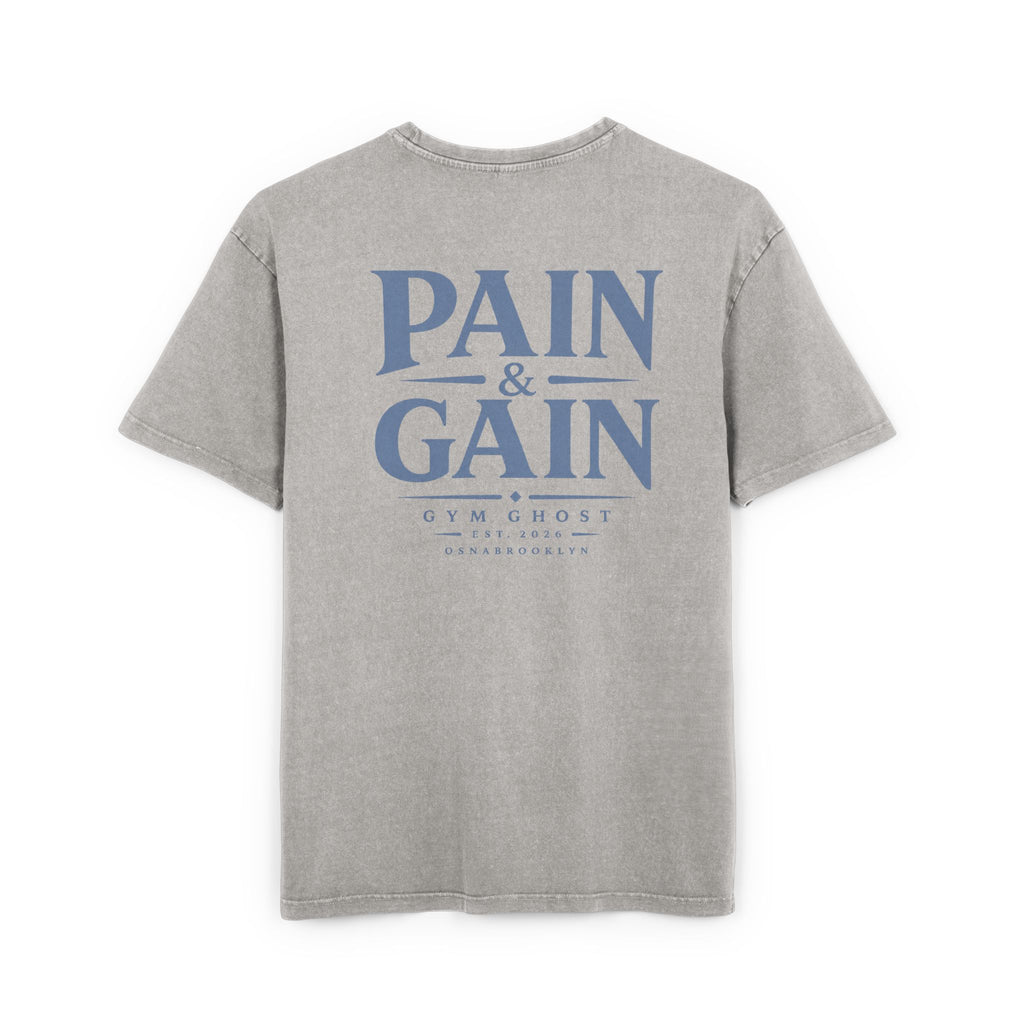 GYM GHOST Acid Wash Oversize T-Shirt – Asphalt & Blue "Pain & Gain" | Gym & Streetwear