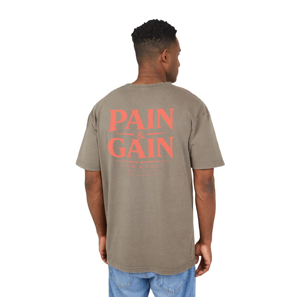 GYM GHOST Acid Wash Oversize T-Shirt – Khaki & Orange "Pain & Gain" | Gym & Streetwear