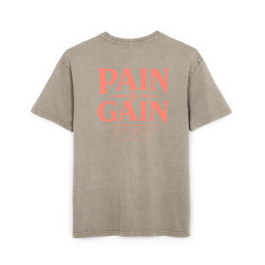 GYM GHOST Acid Wash Oversize T-Shirt – Khaki & Orange "Pain & Gain" | Gym & Streetwear