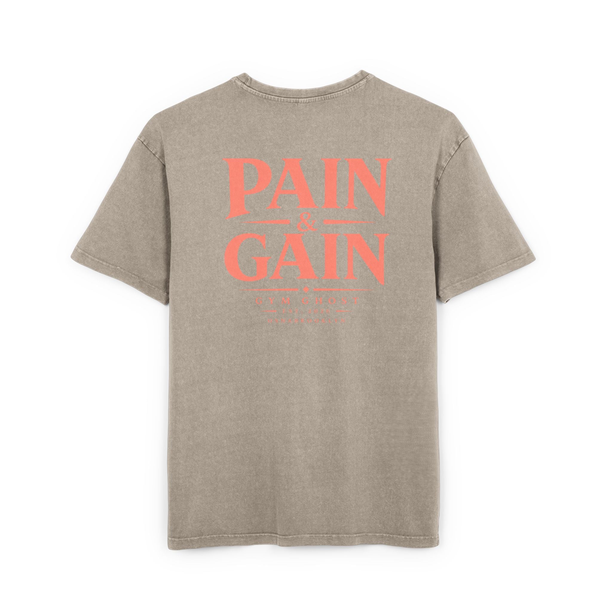GYM GHOST Acid Wash Oversize T-Shirt – Khaki & Orange "Pain & Gain" | Gym & Streetwear