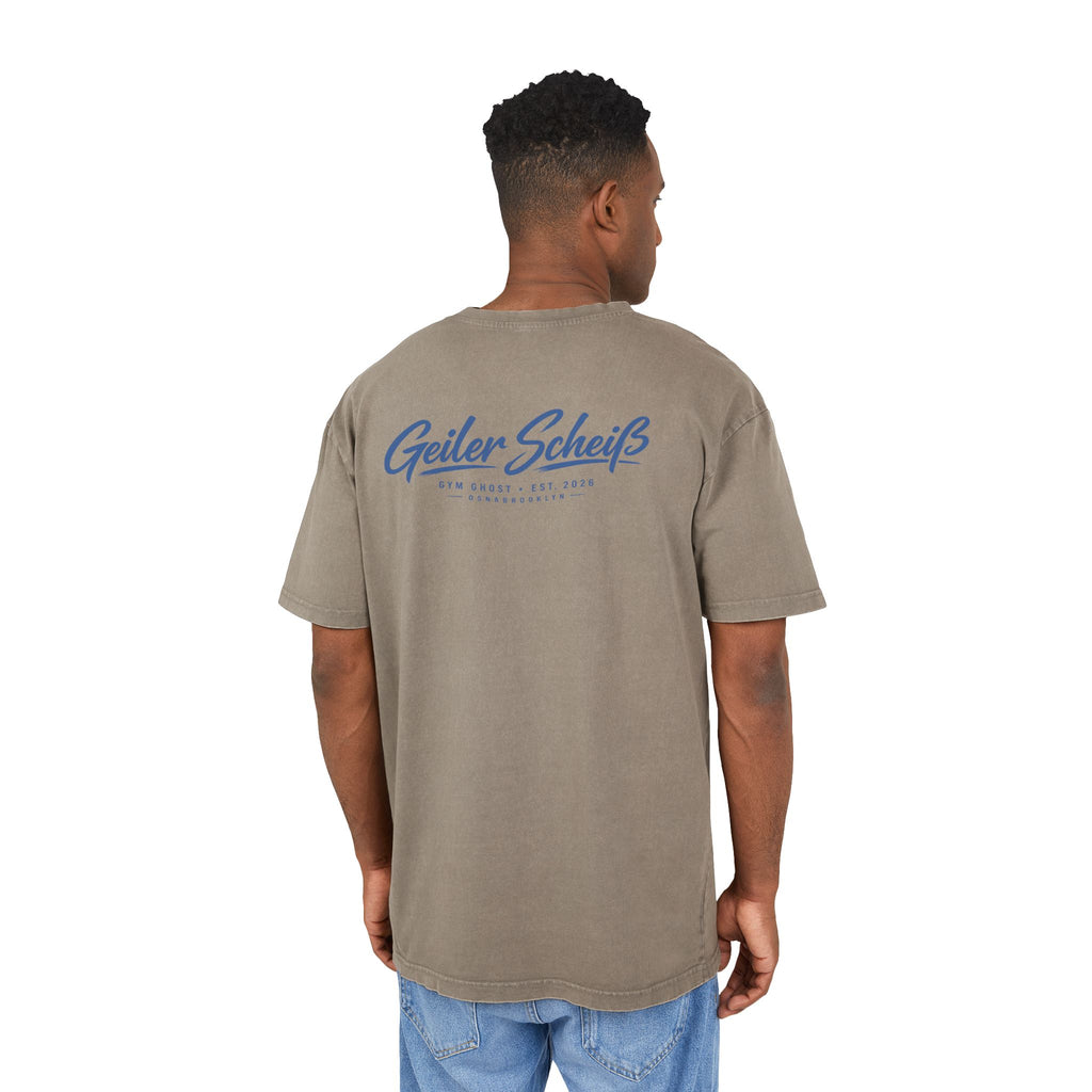 GYM GHOST Acid Wash Oversize T-Shirt – Khaki & Blue "Geiler Scheiss" | Gym & Streetwear