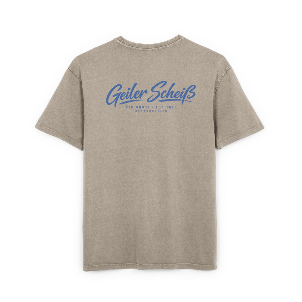 GYM GHOST Acid Wash Oversize T-Shirt – Khaki & Blue "Geiler Scheiss" | Gym & Streetwear