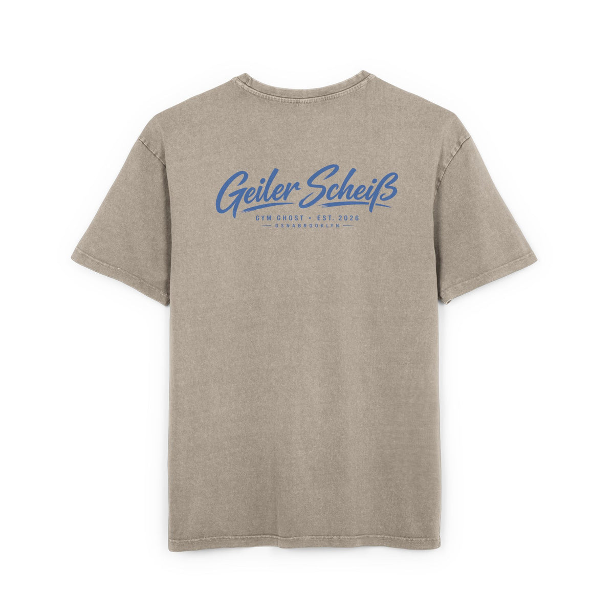 GYM GHOST Acid Wash Oversize T-Shirt – Khaki & Blue "Geiler Scheiss" | Gym & Streetwear