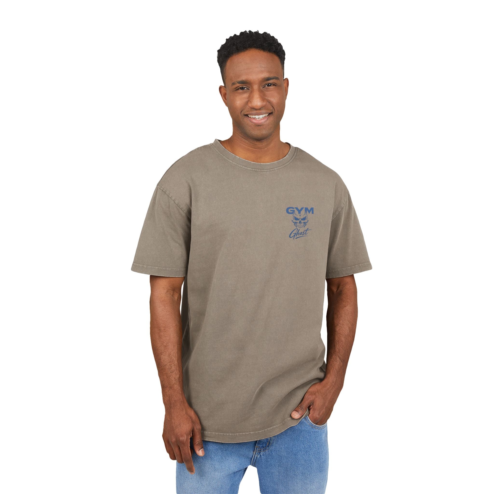 GYM GHOST Acid Wash Oversize T-Shirt – Khaki & Blue "Geiler Scheiss" | Gym & Streetwear