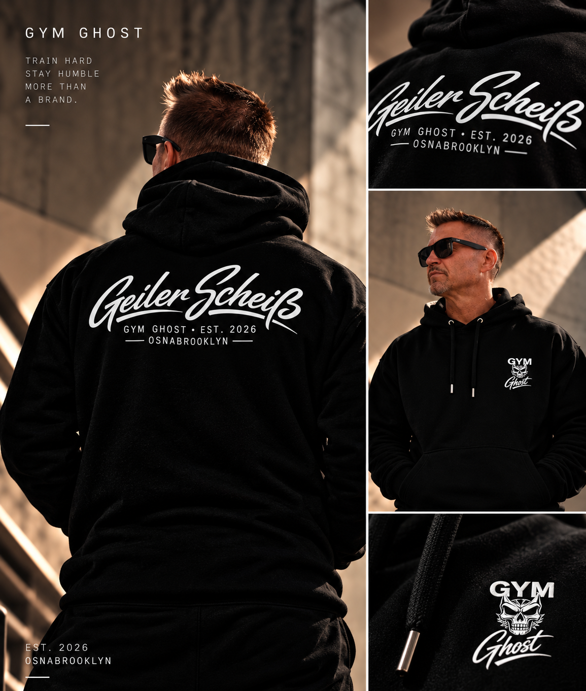 Gym Ghost Hoodie "Geiler Scheiß" Black . 100% Bio-Baumwolle