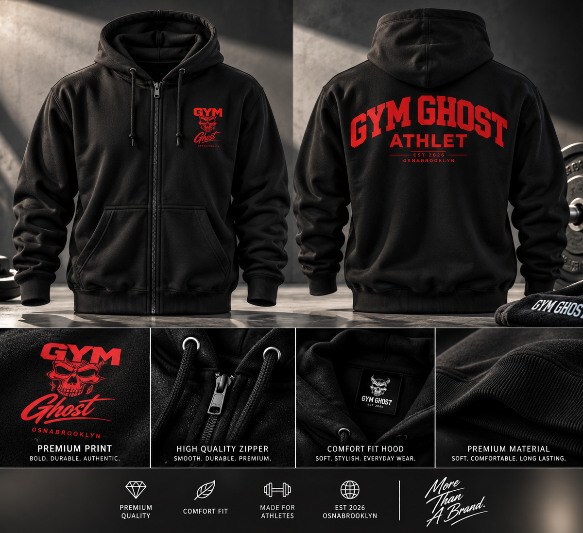 Full Zip Hoodie Black Gym Ghost Unisex