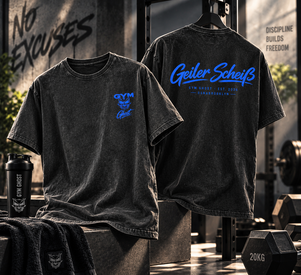 GYM GHOST Acid Wash Oversize T-Shirt – Black & Blue "Geiler Scheiß" | Gym & Streetwear