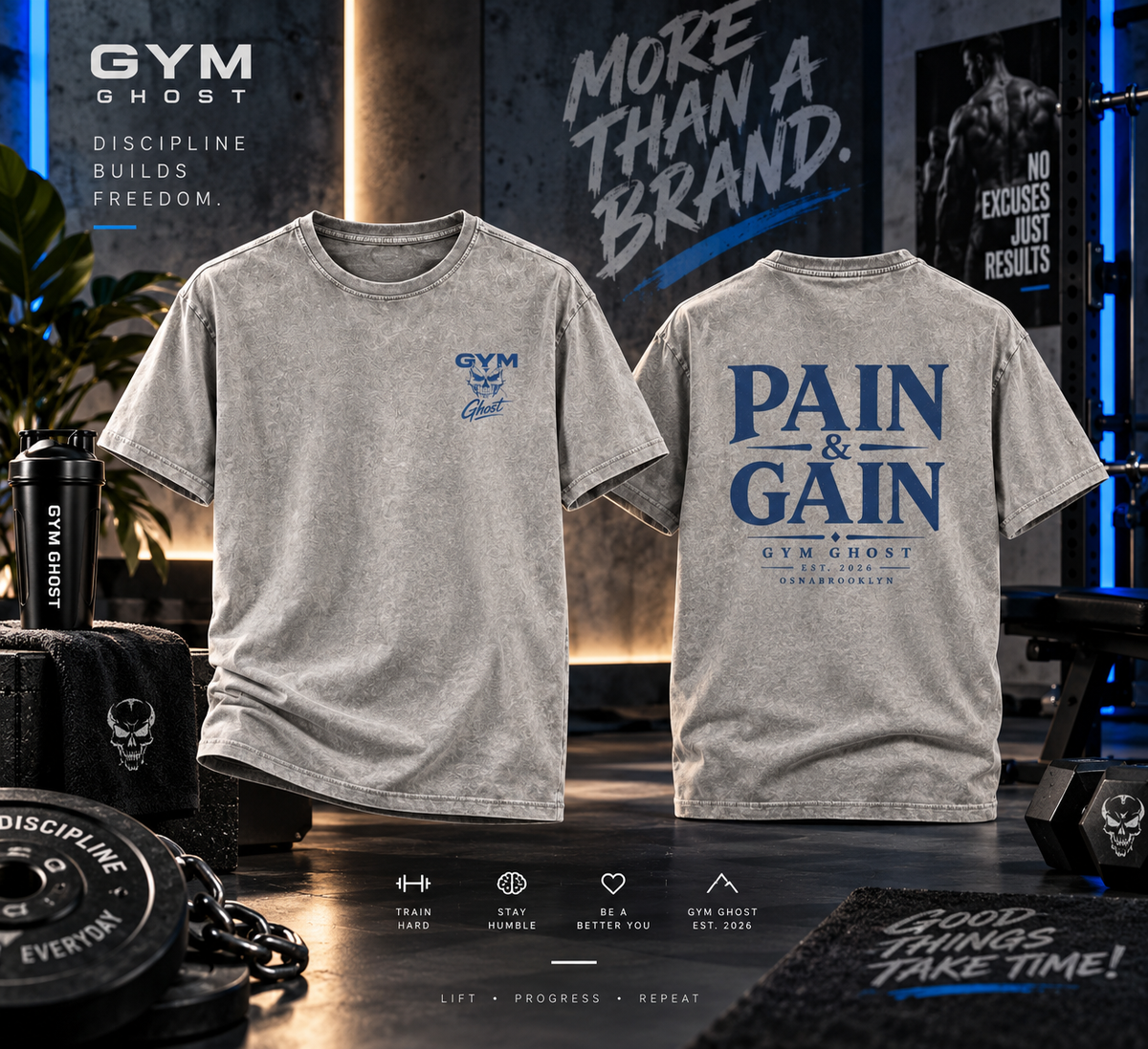 GYM GHOST Acid Wash Oversize T-Shirt – Asphalt & Blue "Pain & Gain" | Gym & Streetwear