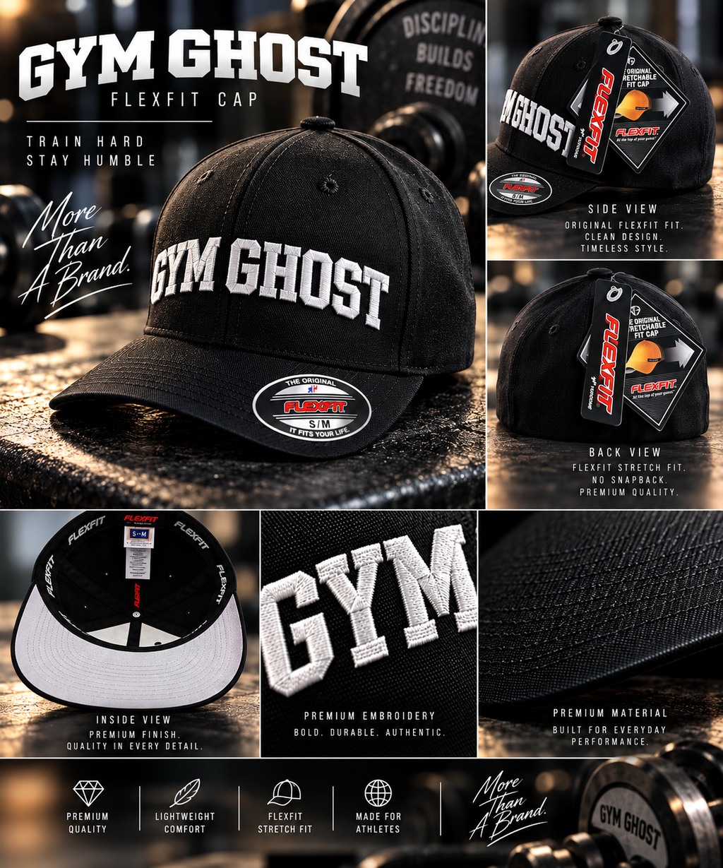 Gym Ghost Flexfit Cap Schwarz mit gesticktem Logo