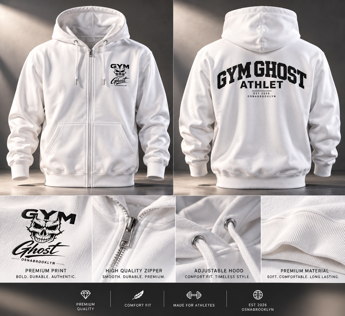 Full Zip Hoodie White Ghost Unisex