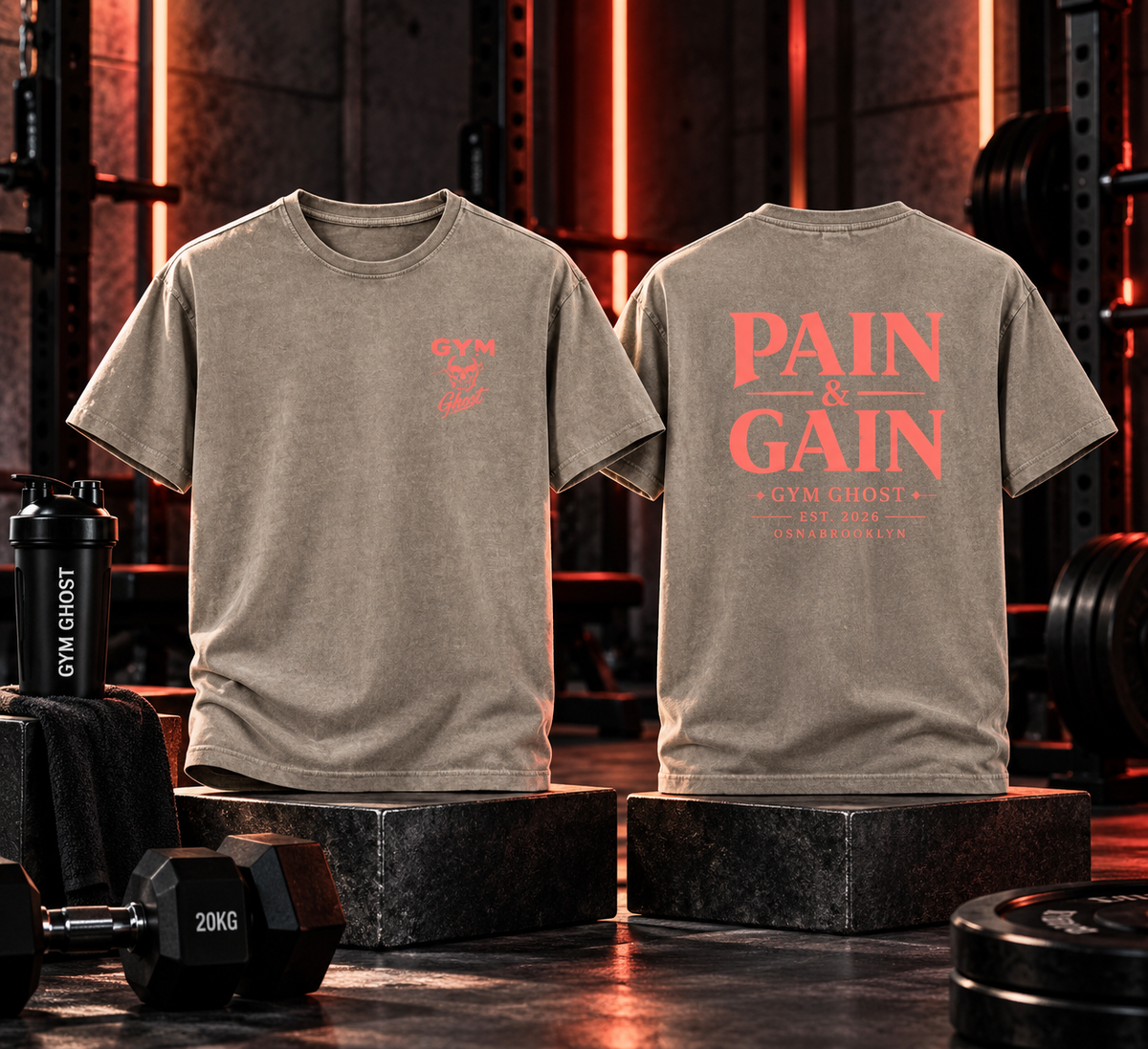 GYM GHOST Acid Wash Oversize T-Shirt – Khaki & Orange "Pain & Gain" | Gym & Streetwear