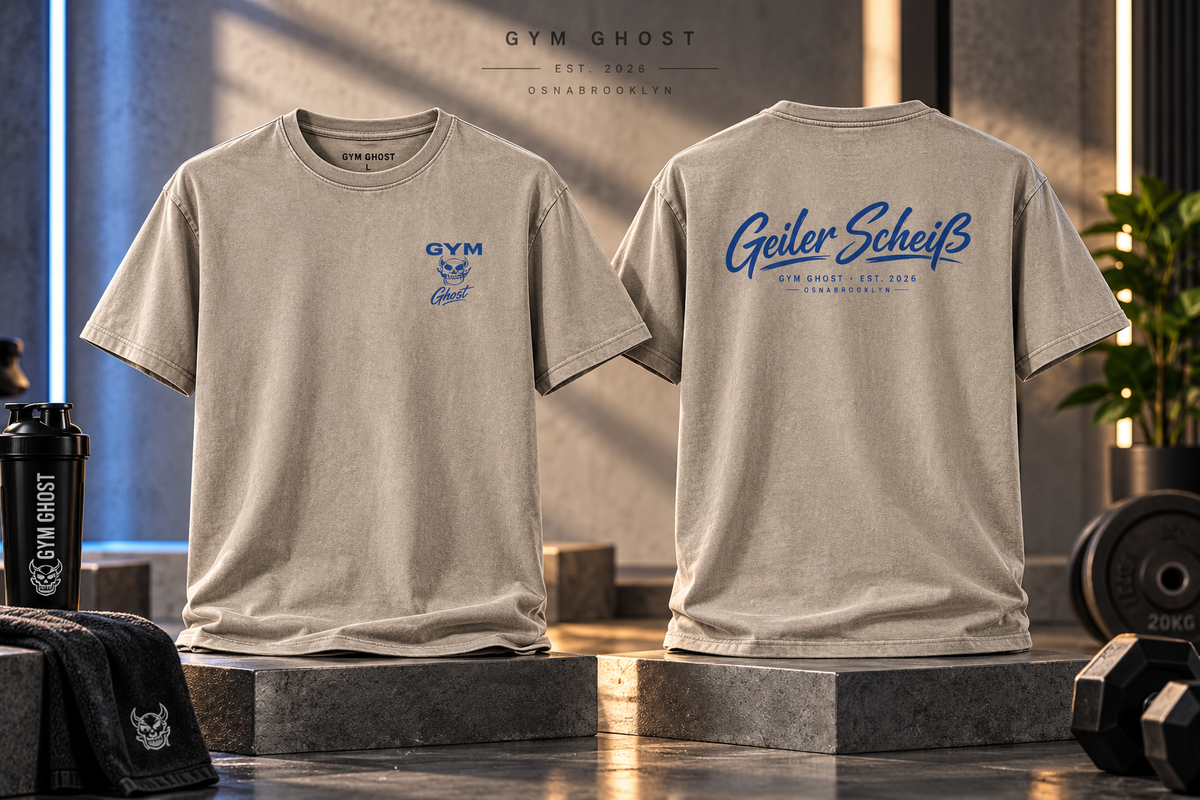 GYM GHOST Acid Wash Oversize T-Shirt – Khaki & Blue "Geiler Scheiss" | Gym & Streetwear